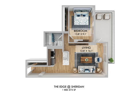 Floor plan for 1 bed, 1 bath, 585 sqft