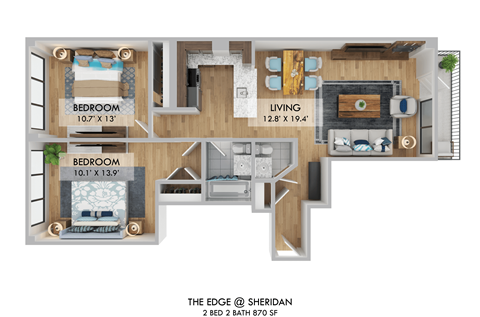 Floor plan for 2 beds, 2 baths, 870 sqft
