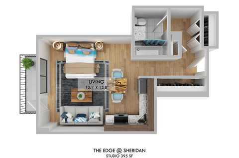 Floor plan for studio, 1 bath, 395 sqft