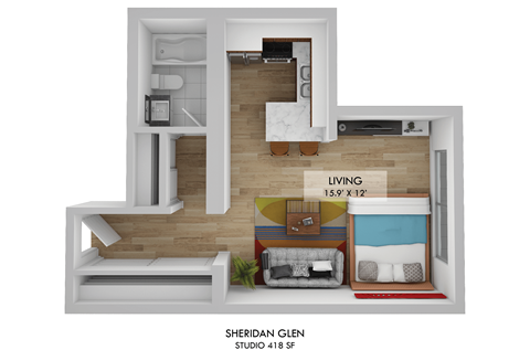 Floor plan for studio, 1 bath, 418 sqft