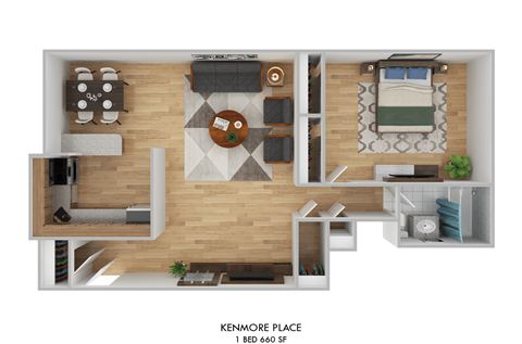 Floor plan for 1 bed, 1 bath, 644 sqft