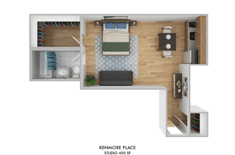 Floor plan for studio, 1 bath, 400 sqft