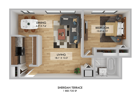 Floor plan for 1 bed, 1 bath, 720 sqft