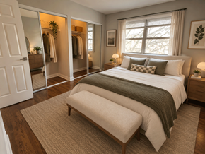 Chicago apartment for rent - A bedroom with a large bed and a bench in front of it.
