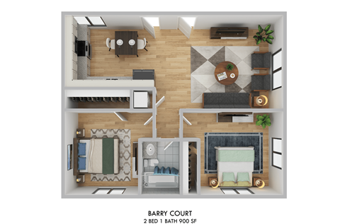 Floor plan for 2 beds, 1 bath, 900 sqft