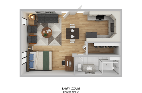 Floor plan for studio, 1 bath, 400 sqft