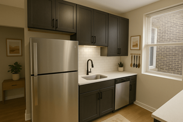 Chicago apartment for rent - A kitchen with a stainless steel refrigerator and black cabinets.