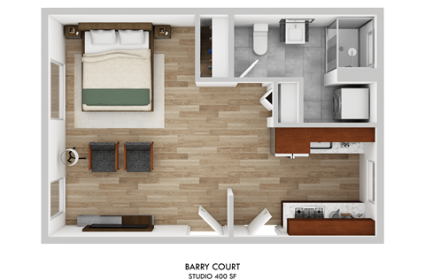 Floor plan for studio, 1 bath, 400 sqft