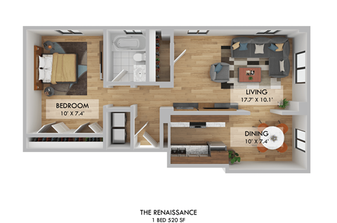 Floor plan for 1 bed, 1 bath, 800 sqft