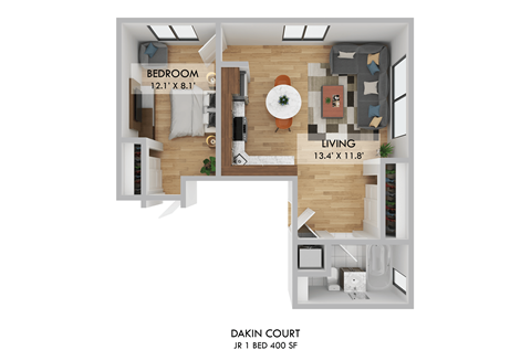 Floor plan for 1 bed, 1 bath, 580 sqft