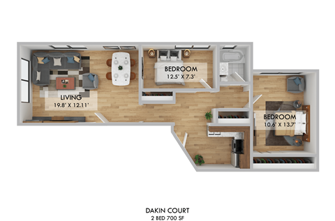 Floor plan for 2 beds, 1 bath, 700 sqft