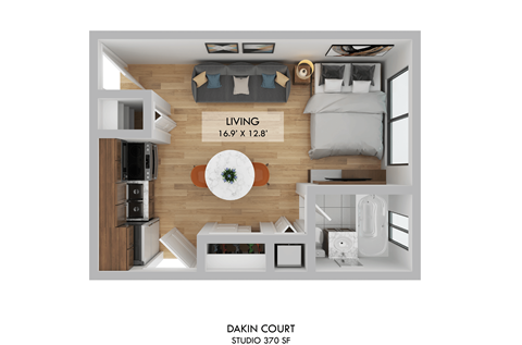 Floor plan for studio, 1 bath, 370 sqft