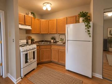 Chicago apartment for rent - A kitchen with wooden cabinets and a white refrigerator.