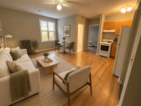 Chicago apartment for rent - A living room with a couch, chair, and table.