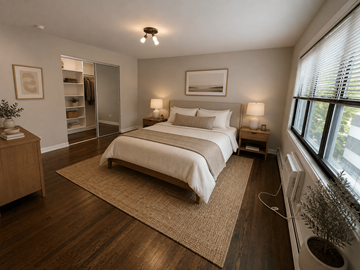 Chicago apartment for rent - A bedroom with a large bed and a window with blinds.