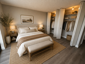 Chicago apartment for rent - A bedroom with a large bed and a bench in the middle of the room.