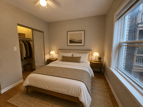 Chicago apartment for rent - A bedroom with a large bed and a window overlooking a city.