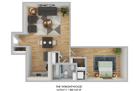 Floor plan for 1 bed, 1 bath, 545 sqft