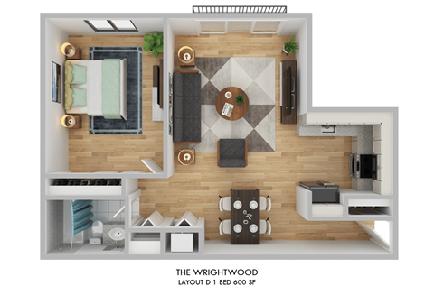 Floor plan for 1 bed, 1 bath, 600 sqft