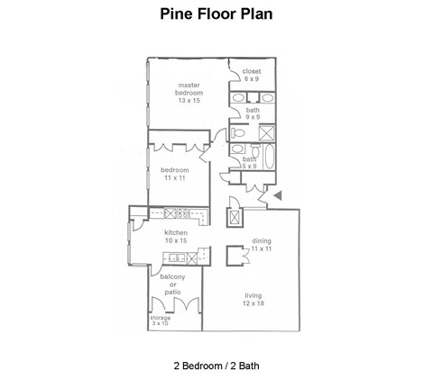 Floor plan for 2 beds, 2 baths, 1325 sqft