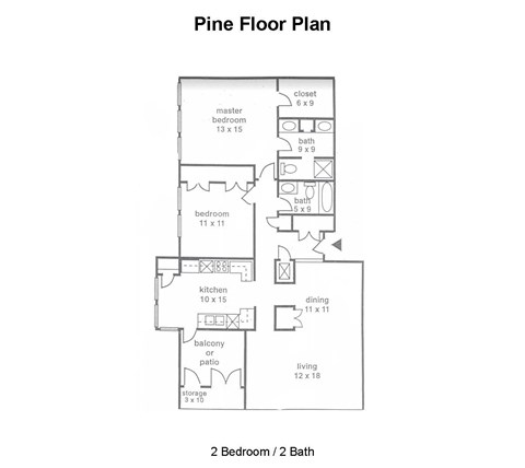 Floor plan for 2 beds, 2 baths, 1374 sqft