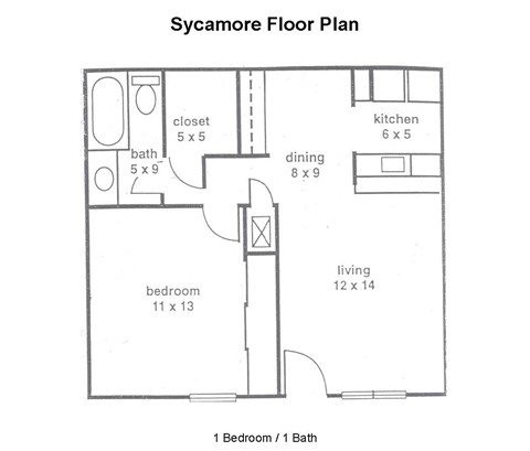 Floor plan for 1 bed, 1 bath, 608 sqft