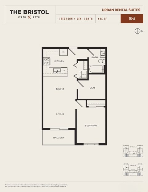 Floor plan for 1 bed, 1 bath, 646 sqft