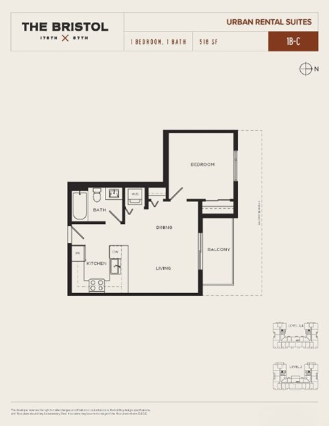 Floor plan for 1 bed, 1 bath, 518 sqft