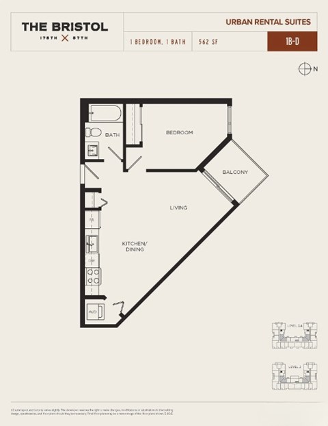 Floor plan for 1 bed, 1 bath, 562 sqft