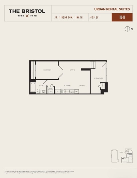 Floor plan for 1 bed, 1 bath, 659 sqft