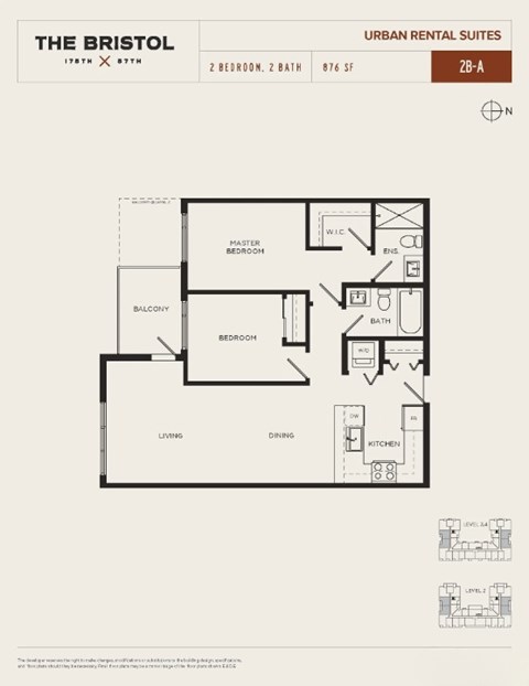 Floor plan for 2 beds, 2 baths, 876 sqft