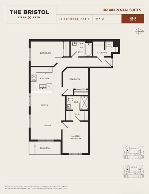 Floor plan for 2 beds, 2 baths, 996 sqft