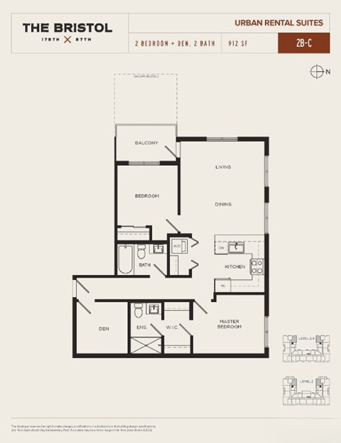 Floor plan for 2 beds, 2 baths, 912 sqft