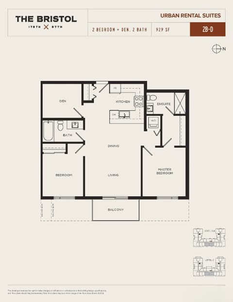 Floor plan for 2 beds, 2 baths, 929 sqft