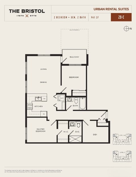 Floor plan for 2 beds, 2 baths, 961 sqft