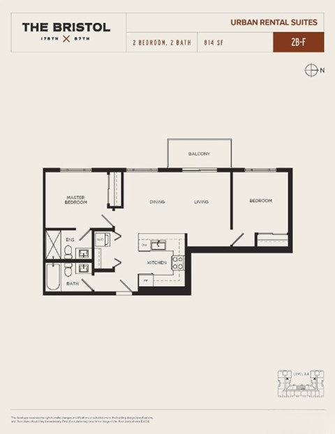 Floor plan for 2 beds, 2 baths, 814 sqft