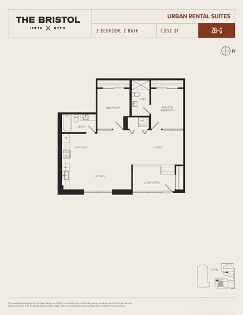 Floor plan for 2 beds, 2 baths, 1052 sqft
