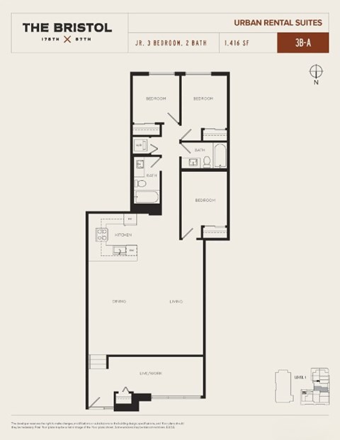 Floor plan for 3 beds, 2 baths, 1416 sqft