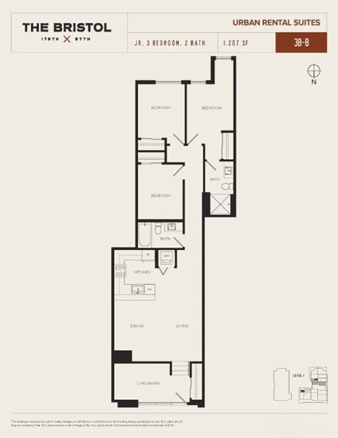 Floor plan for 3 beds, 2 baths, 1207 sqft