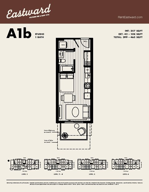 Floor plan for studio, 1 bath, 357 sqft