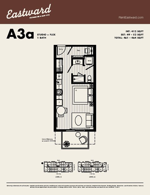 Floor plan for studio, 1 bath, 412 sqft