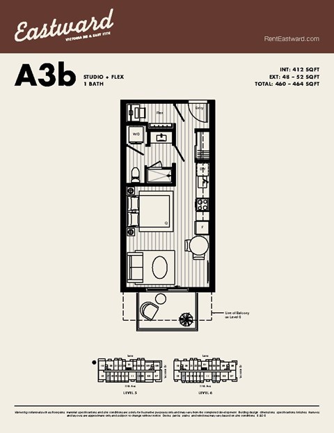 Floor plan for studio, 1 bath, 412 sqft