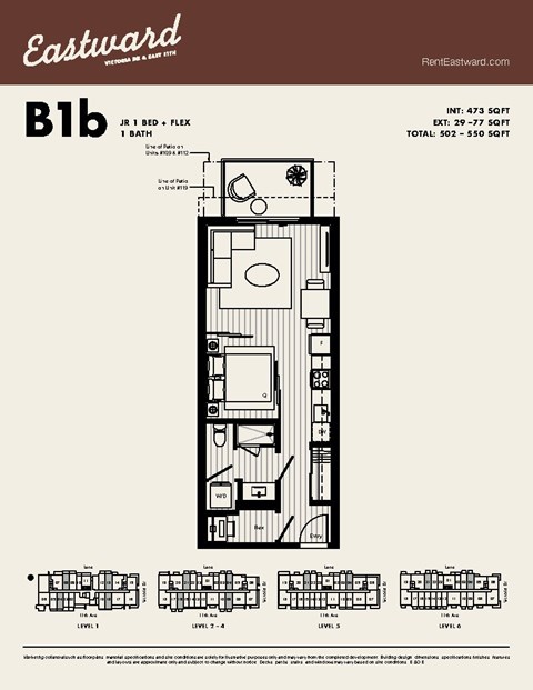 Floor plan for 1 bed, 1 bath, 473 sqft