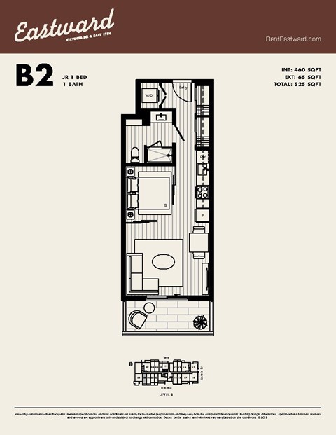 Floor plan for 1 bed, 1 bath, 460 sqft