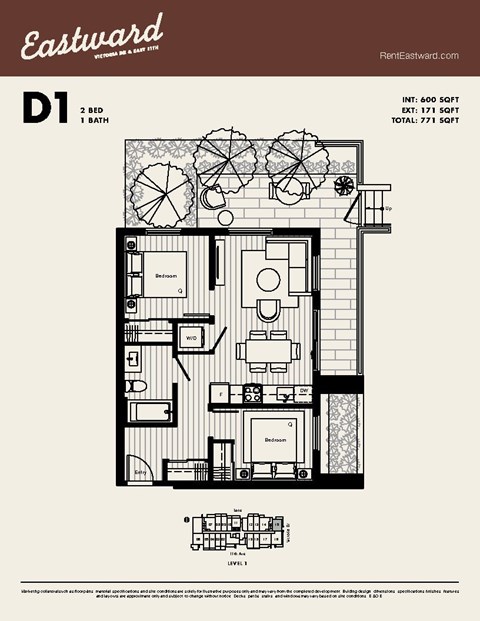 Floor plan for 2 beds, 1 bath, 600 sqft
