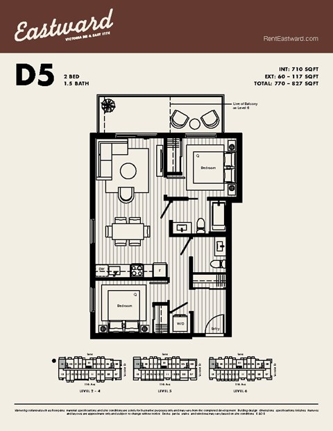 Floor plan for 2 beds, 1.5 baths, 710 sqft
