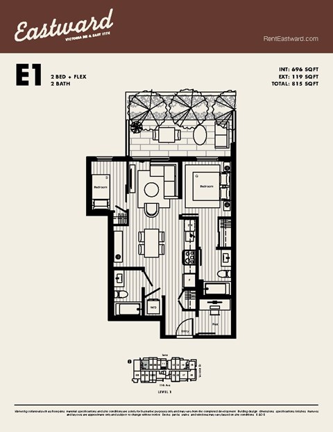 Floor plan for 2 beds, 2 baths, 696 sqft
