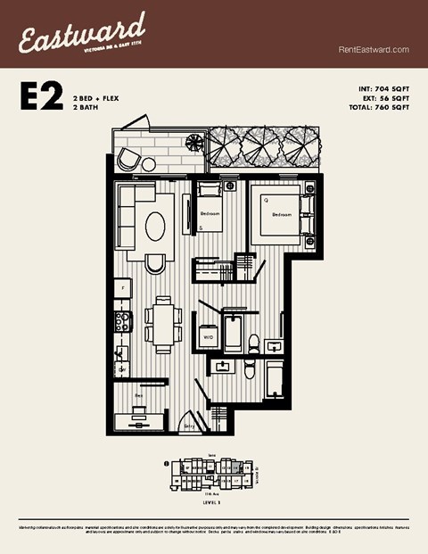 Floor plan for 2 beds, 2 baths, 704 sqft