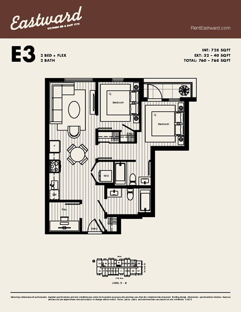 Floor plan for 2 beds, 2 baths, 728 sqft