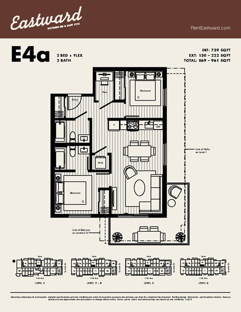Floor plan for 2 beds, 2 baths, 739 sqft